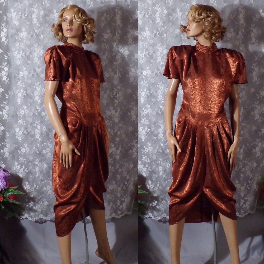 Vintage 80s Copper Cocktail Dress Size Medium 1980s Retro Snake Print Glam Chic